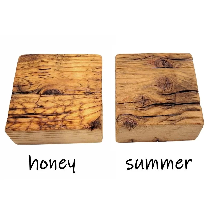2 Holzmusterklötze Bohle aus Massivholz / Altholz / Gerüstbohlen Farbe summer und honey 2 Holzmusterklötze Bohle aus Massivholz / Altholz / Gerüstbohlen Farbe summer und honey